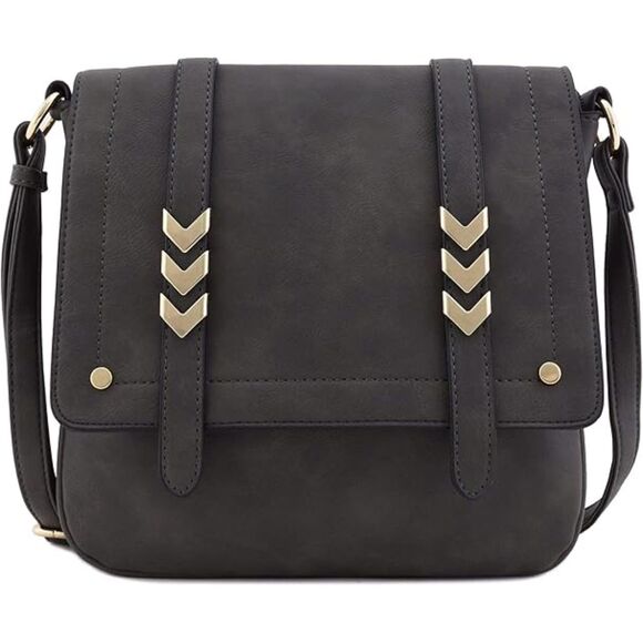ALYSSA Flapover Crossbody Bag | Charcoal Gray | Faux Leather | Gold Hardware - Picture 1 of 6